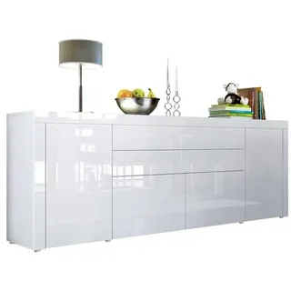 Vladon Sideboard La Paz V2 (Kommode mit 2 Türen, 2 Schubkästen und 2 Klappen, Korpus Weiß matt), Front Weiß Hochglanz & Weiß Hochglanz (200 x 72 x 35 cm) weiß