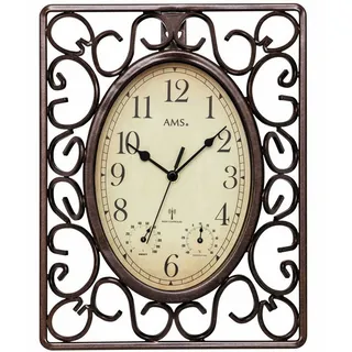AMS Funk-Wanduhr im Retro-Look, braunes Metallgehäuse, wettergeschützt und mit Thermometer, Antike-Optik - moderne Funktechnik, Gartenuhr Uhr Außenbereich