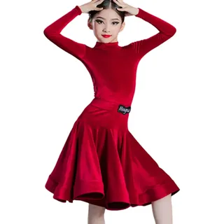 Kuteng Mädchen Latein Tanz Kleid Samt Bühne Leistung Trikot Rock Herbst Winter Ballroom Tango Salsa Tanz Wettbewerb Kostüme,Rot,130CM