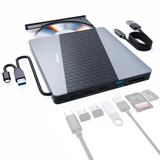 Unitek Externes CD-DVD-Laufwerk, USB 3.0/USB C, tragbarer CD/DVD-Player mit SD-Kartenleser, USB 3.0, USB 2.0, Hub, CD-ROM-Brenner, kompatibel mit Windows 11/10/8.1/8/7/Vista/2003/XP/2000, Linux, Mac