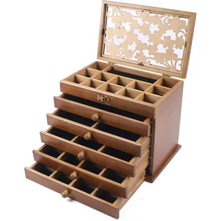 WooDerson Brown 6-Lagige Schmuckkästchen, Holz Schmuckschatulle, Geschnitztes Design, Vintage Schmuckbox Für Ohrringen Ringen Armbändern, 30X19X25cm, Rechteckig