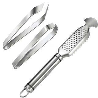 Edelstahl Fischentschupper, Profi Fisch Scaler Scraper Mit GräTenzange, 3 Stück Fischentschupper Sägezahn Fisch Entschupper Werkzeug for Removing Fish Scales and Bones