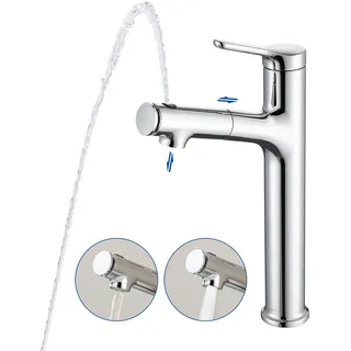 LakeBayMZC Waschtischarmatur Hoch mit herausziehbarer Brause Wasserhahn Bad,Einhebelmischer Badarmatur Waschtischarmatur für Aufsatzwaschbecken mit 3 Wasserstrahlarten Brause ausziehhar,Chrom
