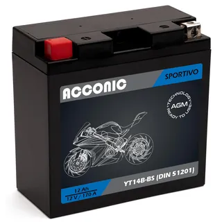 ACCONIC Sportivo AGM YT14B-BS YT14B-4 Motorradbatterie 12Ah 12V 170A DIN 51201 Maße: 150 x 70 x 145 mm ideal für Roller, Moped, Quad & Motorrad – wartungsfrei, & auslaufsicher