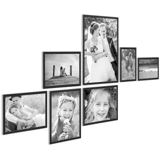 PHOTOLINI Alu-Bilderrahmen-Set Schwarz schmal, 7er Set Metall-Rahmen aus Aluminium, bruchsicheres Acrylglas, zum Aufhängen & Aufstellen, extra Zubehör, modernes Design für Poster & Fotos