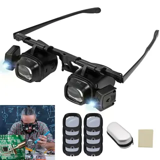 Aohcae Lupenbrille mit Licht, Vergrößerungsbrille mit 2 LED-Lichtern Kopflupe Wechselobjektiv 2.0X 6.0X 10.0X 24.0X, Stirnbandlupe Lupe, Uhrmacherlupe zum Lesen Juweliere Fischen älterer Menschen