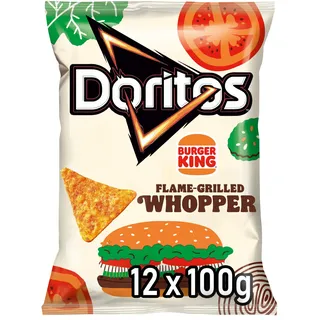 Doritos Burger King - Tortilla Chips mit Flame Grilled Whopper Geschmack - Herzhafter Snack zum Knabbern aus Mais (12 x 100g) (Verpackungsdesign kann abweichen)
