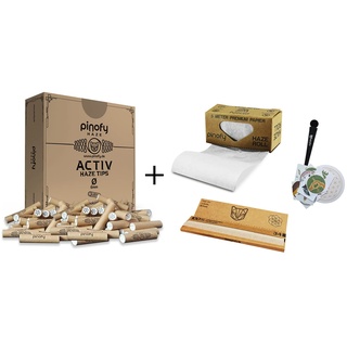 PINOFY Aktivkohlefilter Set | 50 Aktivkohle Tips Slim 6mm + Papers | Roll & Longpapers Ungebleicht | Kokos Kohle pre-rolled Aktiv Filter | Braune Eindrehfilter Filtertips xtra