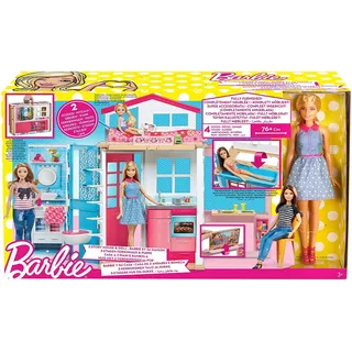 Barbie DVV48-2-Etagen Ferienhaus und Puppe, zusammenklappbar, mit Tragegriff, mehrere Spielbereiche, enthaltene Möbel & themenbezogene Aufkleber + Zubehörteile, Puppenhaus, Spielzeug ab 3 Jahren