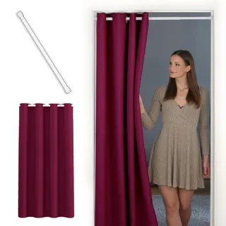 tinycurtains, Thermo Türvorhang mit Teleskopstange, einfache Montage in nur 1 Minute ohne Bohren (Türgardine beeriges rot H210 x B150 cm + Stange weiß B55-90 cm)