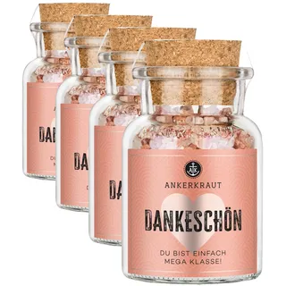 Ankerkraut "Dankeschön" Anlass-Geschenk, Rosa Bergsalz grob zum Verschenken, Geschenk für Freunde und Familie, Gewürz, 165 g im Korkenglas (Packung mit 4)