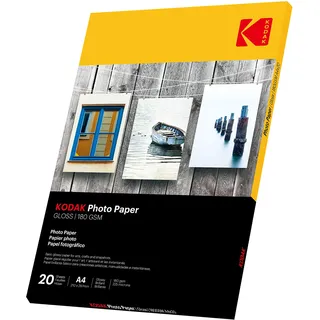 KODAK 20 Blatt x A4 Inkjet 180 g/m2 Fotopapier Hochglänzend, Sofort Trocken und Wasserfest - Speziell entwickelt für alle Tintenstrahl-/Inkjetdrucker - Keine Einzugsprobleme