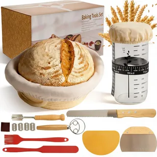 Sauerteig-Starter-Set – 11-teiliges Brotbackset mit Brotmesser, rundem Gärkorb (23 cm) mit Einlage, Sauerteigglas, Teigquirl und Teigschaber – für Backanfänger
