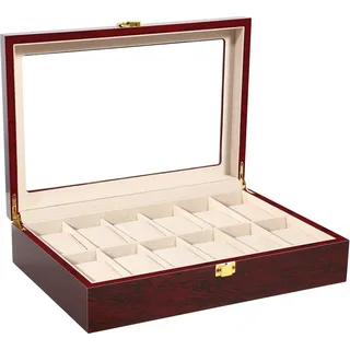Uhrenbox mit 12 Fächern, Uhrenkasten aus Massivholz, mit Glasdeckel, Uhrenkoffer mit herausnehmbaren Uhrenkissen