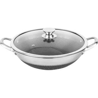 Cheffinger Wok 32 cm Wabenbeschichtung Deckel kratzfest, Pfanne + Kochtopf, Silber