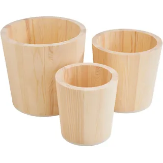 VBS Holz-Pflanztöpfe 3er-Set, Kiefernholz, Natur, Dekotöpfe für Pflanzen, DIY Deko, 11,5-17 cm