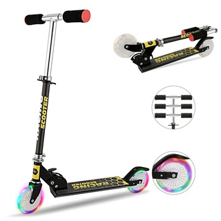 Hikole Scooter für Kinder mit LED-Beleuchtungsrädern, Höhenverstellbar für Jungen und Mädchen, Schutzblech-Bremse Hinten, Zusammenklappbar, 50 kg Tragkraft (Schwarz)