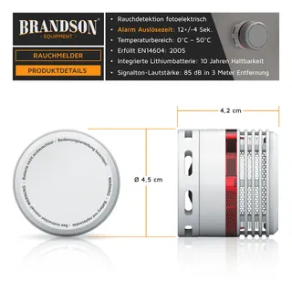 Brandson 4x Rauchmelder Mini - 10 Jahre Batterie - Lithium Ionen Batterie 1500 mAh - Lautstärke 85 db - LED Indikator - Prüftaste
