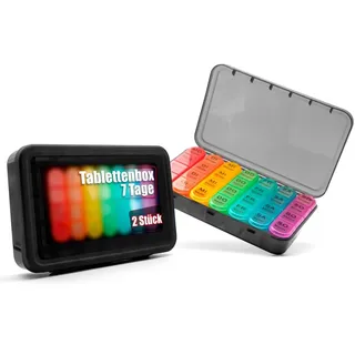 BigDean 2 Stück Tablettenbox 7 Tage luftdicht & lebensmittelecht – Medikamentenbox Morgens, Mittags, Abends & Nacht – im Regenbogen Design