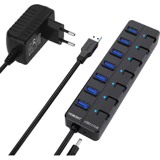 USB 3.0 Hub mit Netzteil,VEMONT 7 Ports USB Hub Aktiv USB Verteiler 5Gbps und Einzelne EIN/Aus-Schalter 1,2m langes Kabel für Apple MacBook Air/Pro/Mac mini/iMac/MacPro/PC/Laptops und Ultrabooks