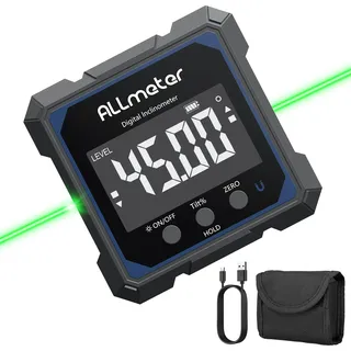 ALLmeter Digitaler Winkelmesser mit Laser, Wiederaufladbarer Vierseitiger Magnetisch Neigungsmesser, grüne Laserlinie, 4×90° Messbereich, Type‐C, IP54 Wasserdicht, für Holzarbeiten, Bau, Dekoration