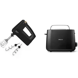 Krups F60858 3 MIX 7000 Handmixer 60 Jahre Edition | 500W |ergonomischer Griff | 1,65m-langes Kabel & Philips Toaster – 2 Toastschlitze, 8 Stufen, Brötchenaufsatz, Auftaufunktion, schwarz