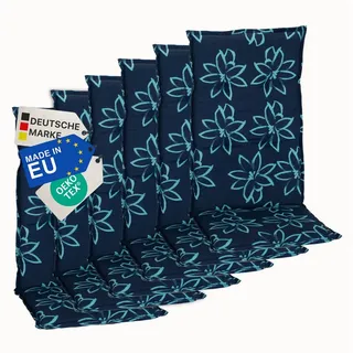 NYVI Hochlehnerauflage Hochlehner Auflagen 6er Set Barcelona - Gartenstuhlauflagen 118x50cm, (6 St), Stuhlauflage, Sitzauflage mit Halteband, UV-fest blau