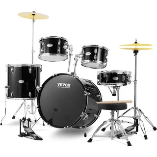 Vevor Schlagzeug, 5-teilig, Drum in voller Größe mit Bass-Toms, Snare, Standtrommel, verstellbaren Thronständern, Becken, Hi-Hat-Pedal und Drumsticks, Anfänger-Schlagzeug für Erwachsene, schwarz