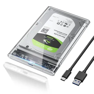 POSUGEAR Festplattengehäuse 2,5 Zoll, 6Gbps USB C 3.1 Gen 2 Externes Festplatten Gehäuse für 7mm/9.5mm 2.5 Zoll SATA SSD HDD mit UASP, Externe SSD Gehäuse mit USB 3.1 Kabel Werkzeugfreie Montage-Klar