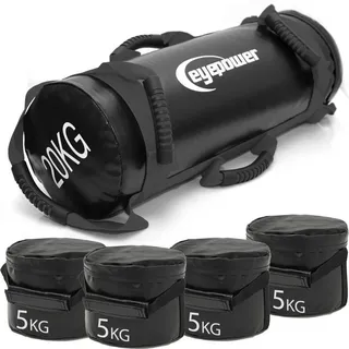 Eyepower 20kg Power Bag mit 4 Kettlebell Gewichten - 20x60 Home Training Sandbag 6 Griffe