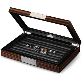 Lifomenz Co Manschettenknopf-Box aus Holz mit Glasfenster, Manschettenknopf-Vitrine, Ring-Organizer und Manschettenknopf-Box für Herren, für 36–46 Paar