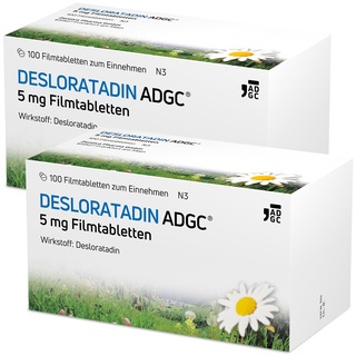 Desloratadin-ADGC® 5 mg - 2x 100 Stück - Antiallergikum mit schneller & langanhaltender Wirkung bei Allergien - verursacht kaum Müdigkeit - lindert Juckreiz & Quaddeln bei Urtikaria - ab 12 Jahre