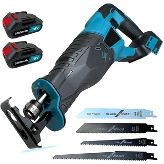 Säbelsäge Akku 32mm Hublänge mit 2 x 3,0Ah Akkus und Ladegerät, Ersatz für Makita DJR186ZK DJR186, Fuchsschwanz Säge Elektrisch Reciprosäge 3500spm, Säbelsäge mit 4 Sägeblätter