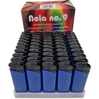 NOLA 50 Stück Elektro-Feuerzeuge mit Gas befüllt - nachfüllbar - im praktischen Display, Gasfeuerzeug mit Flammenregulierung - Gasfeuerzeug – Elektronik Feuerzeug - Feuerzeuge - Zufällige Farbe