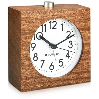 Navaris Analog Holz Wecker mit Snooze - Retro Uhr im Viereck Design mit Ziffernblatt Alarm - Leise Tischuhr ohne Ticken - Naturholz in Dunkelbraun