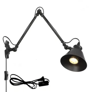Schwarz Industrial Wandleuchte mit Schalter Retro Innen E27 Wandlampe Wohnzimmer Wand-Leselampen Verstellbar Metall Langer Arm 30+30cm, 1,8 m Kabel mit EU Stecker, für Schlafzimmer Bettseite Büro