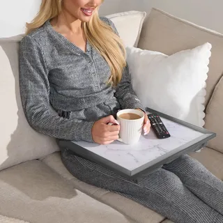 OHS Knietablett aus Holz mit Sitzsack-Kissen und Marmoreffekt-Design, großes gepolstertes Tablett mit Kissen für Kinder und Erwachsene, geeignet für Arbeit, Essen, Studien, TV, Sofa oder Bett, Grau