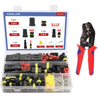 Pixelure 352pcs kfz Stecker,kfz Steckverbinder,kfz Stecker Wasserdicht,Wasserdichte Stecker 12v,mit Crimpzange,1/2/3/4 Pin Auto Steckers,Fit für KFZ Motorrad Auto Boots LKW