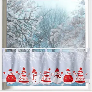 heimtexland Scheibengardine Weihnachten Deko Gardine Bistro Weihnachtsgardine, Schlaufen (1 St), blickdicht, Satin, 45x120 cm I Stickerei Bordüre rot I Fensterdeko Schneemann grau|rot