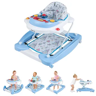GOPLUS 6 in 1 Lauflernwagen, Lauflernhilfe faltbar mit Rädern, Baby Walker mit Fußkissen, Lichtern, Musik, Spielzeug & 3 verstellbare Höhen, Gehfrei für Baby ab 6 Monate, belastbar bis 12KG (Blau)