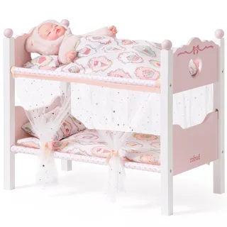 ROBUD Holzpuppen-Etagenbett, 2-in-1-Convertible Puppenbett mit Bettwäsche, Baldachin Vorhänge & Herz Kopfteil, Baby-Puppenbett für 18-Zoll-Puppen, Puppen-Zubehör Geschenk für Kinder ab 10M, Rosa