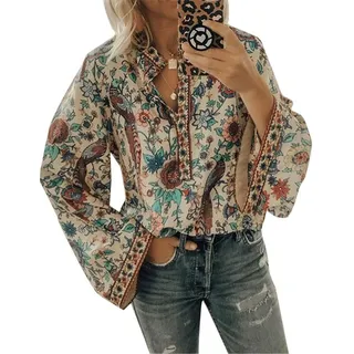 ORANDESIGNE Damen Vintage Bohemian Blusen Hippie Blumen Bluse Boho Tunika Elegante Oberteile Tops Langarm Shirt A Aprikose L - L