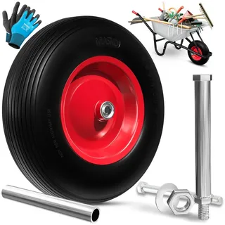 Masko MASKO® Schubkarrenrad Vollgummi 200 kg pannensicher 4.80/4.00-8 Ø 390mm inkl. Achse Ersatzrad Gummirad Stahlfelge Reifen pannensicher für Schubkarre Gartenkarren pannensicheres PU Rad