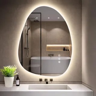 gimbelen Asymmetrischer Badspiegel mit Beleuchtung 60 × 45 cm, Antibeschlag, 3 Lichtfarben, Dimmbar, IP44 Wasserdicht, Led Spiegel Bad - Silber