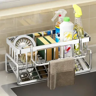 Spülbecken Organizer - Küchen Organizer mit Spülbürstenhalter & Geschirrtuchhalter, automatischem Abflusssystem Spüle Organizer Edelstahl, Schwammhalter Spülbecken für Küchen Arbeitsplatten (Silber)