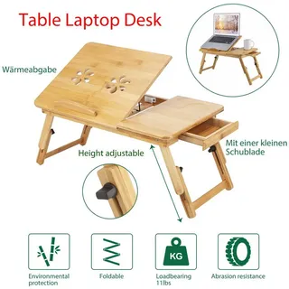 Youyijia Betttisch 50x30cm Laptop Tisch Bambus Notebooktisch Betttisch mit Lüftungslöchern mit Schublade Knietisch Beistelltisch für Lesen Arbeit Oder Frühstück