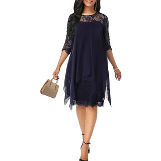 ORANDESIGNE Damen Spitzenkleid 3/4 Ärmel Cocktailkleid Festliche Ballkleid Brautjungfernkleider Für Hochzeit Knielang Abendkleider Dunkelblau XXL - XXL