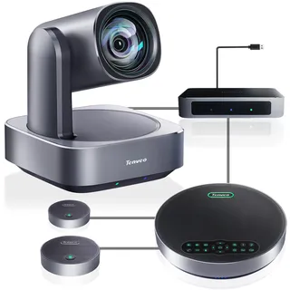 Tenveo 4K AI PTZ Konferenzkamera mit Bluetooth-Freisprecheinrichtung 2 Erweiterungsmikrofone 12-facher optischer Zoom Weitwinkelobjektiv Arbeitet mit Zoom Skype Teams für große Räume Remote Meeting
