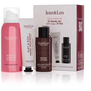 Jean & Len Travel Set Pfingstrose & Litschi, ideales kleines Geschenk oder Mitbringsel, Produkte für Körper und Geist, Verpackung ist FSC zertifiziert, kleine Reisegrößen, veganes Geschenkset