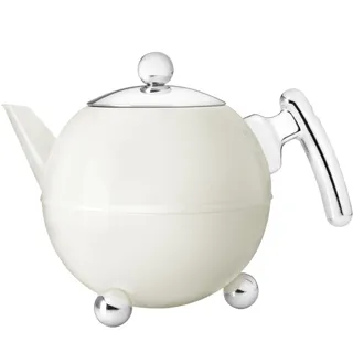 creme-weiße bauchige doppelwandig isolierte Edelstahl Teekanne 1.2 Liter